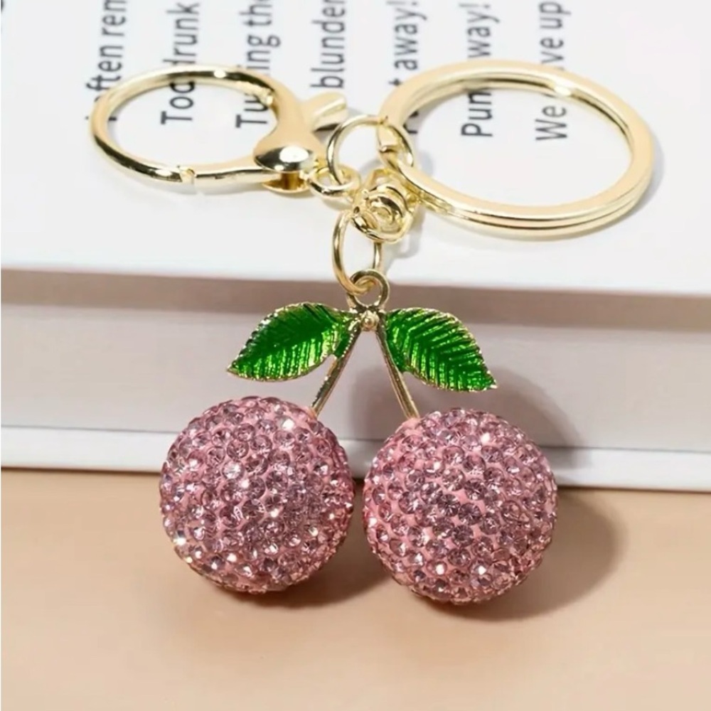 CHERRY Bedazzled Crystal Keychain Gold Tone Bag Chain Key Chain - Picture 2 of 2